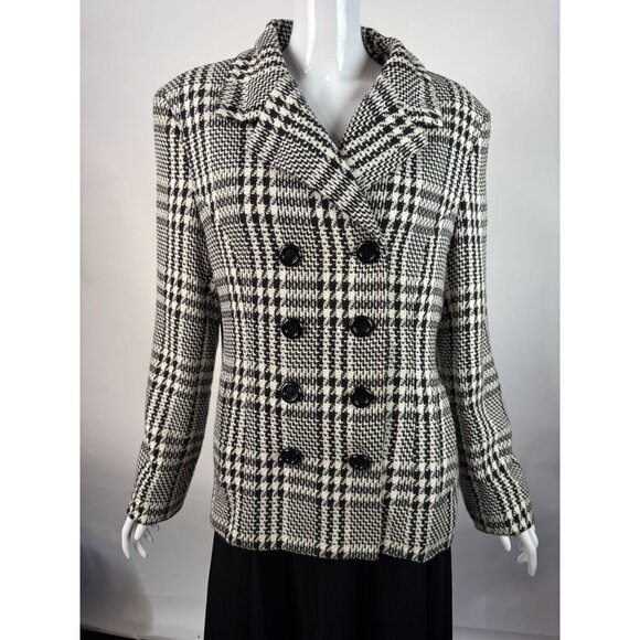 Express Tailleur Womens Black & White Plaid Double-Breasted Blazer Jacket Sz 12 - Picture 1 of 16